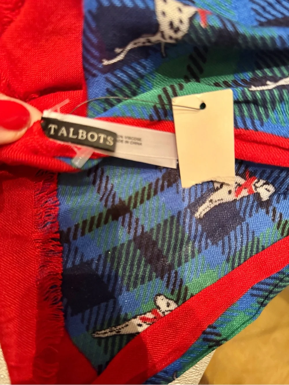 NEW Talbots Blue & Green Tartan Dalmatian Dog-Print Pet Scarf 72”z12” Red Trim